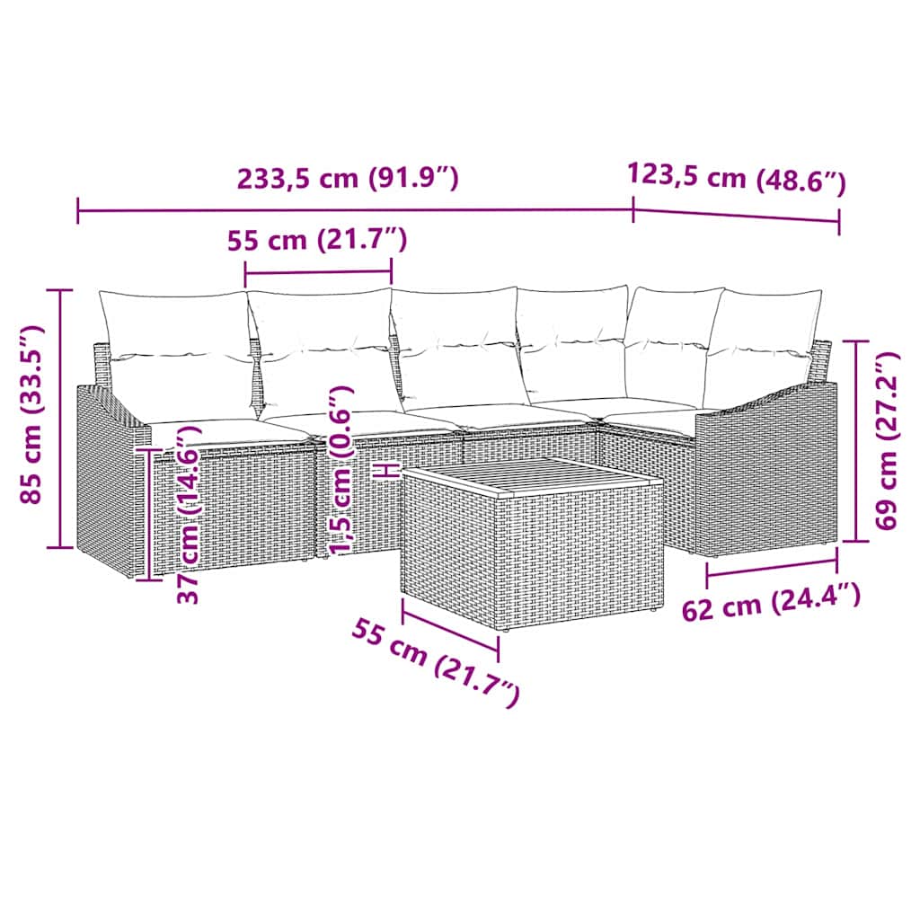 Gartensofa-set mit Kissen 6 pcs Schwarz Poly-Rattan