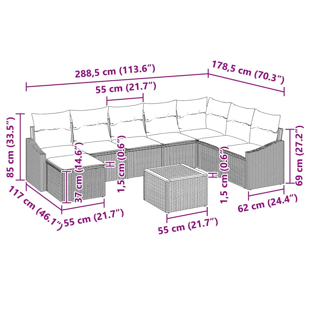 Garten-Sofa-Set mit Kissen 9 pcs Schwarz Poly Rattan