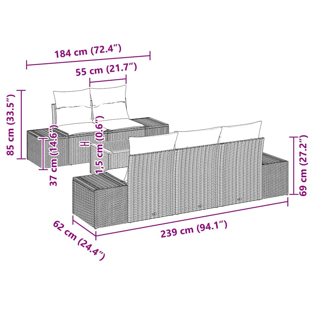 Gartensofa-set mit Kissen 6 pcs Schwarz Poly-Rattan
