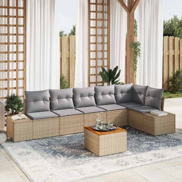 Gartensofa-set mit Kissen 7 pcs Schwarz Poly-Rattan