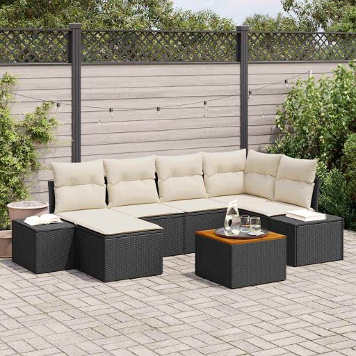 Gartensofa-set mit Kissen 7 pcs Schwarz Poly-Rattan