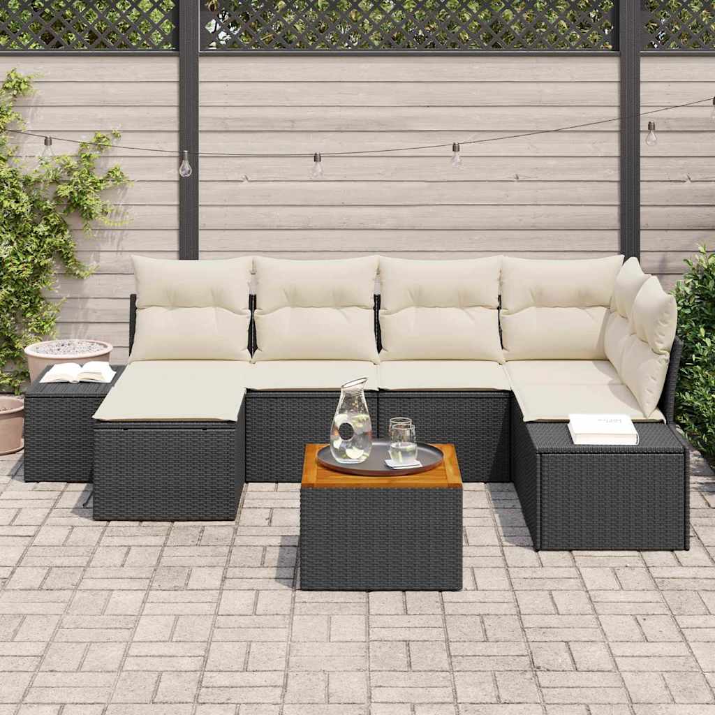 Gartensofa-set mit Kissen 7 pcs Schwarz Poly-Rattan