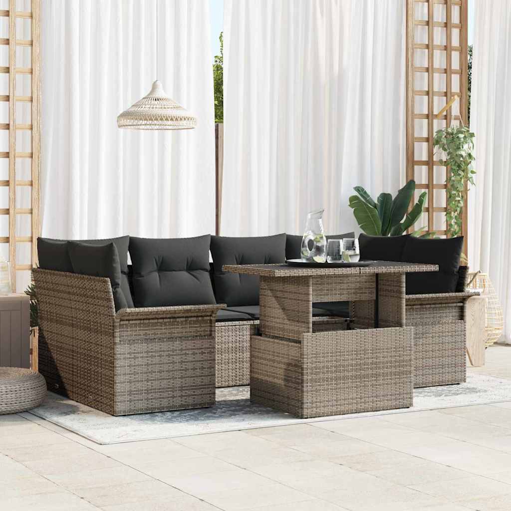 Garten-Sofa-Set mit Kissen 7 pcs Schwarz Poly Rattan