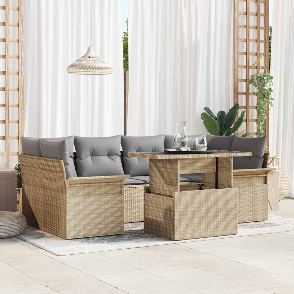 Garten-Sofa-Set mit Kissen 7 pcs Schwarz Poly Rattan