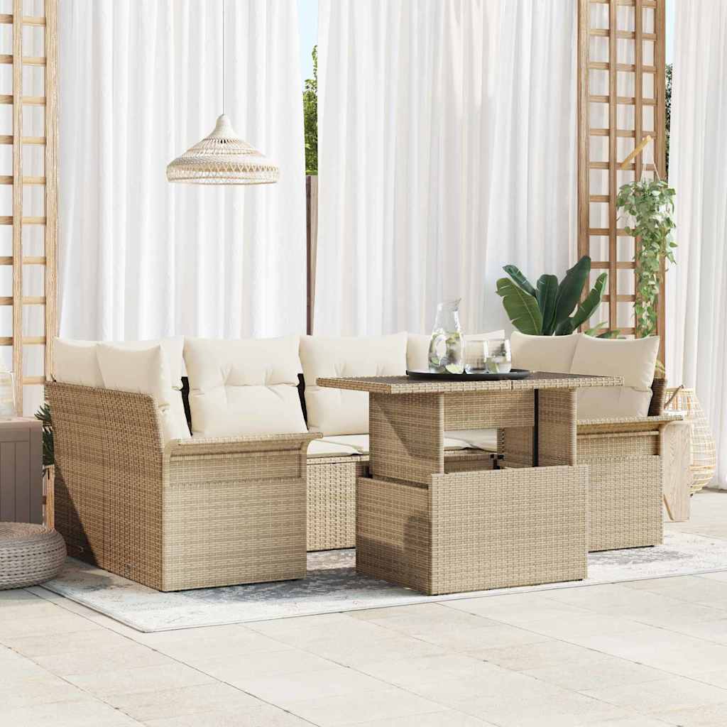 Garten-Sofa-Set mit Kissen 7 pcs Schwarz Poly Rattan