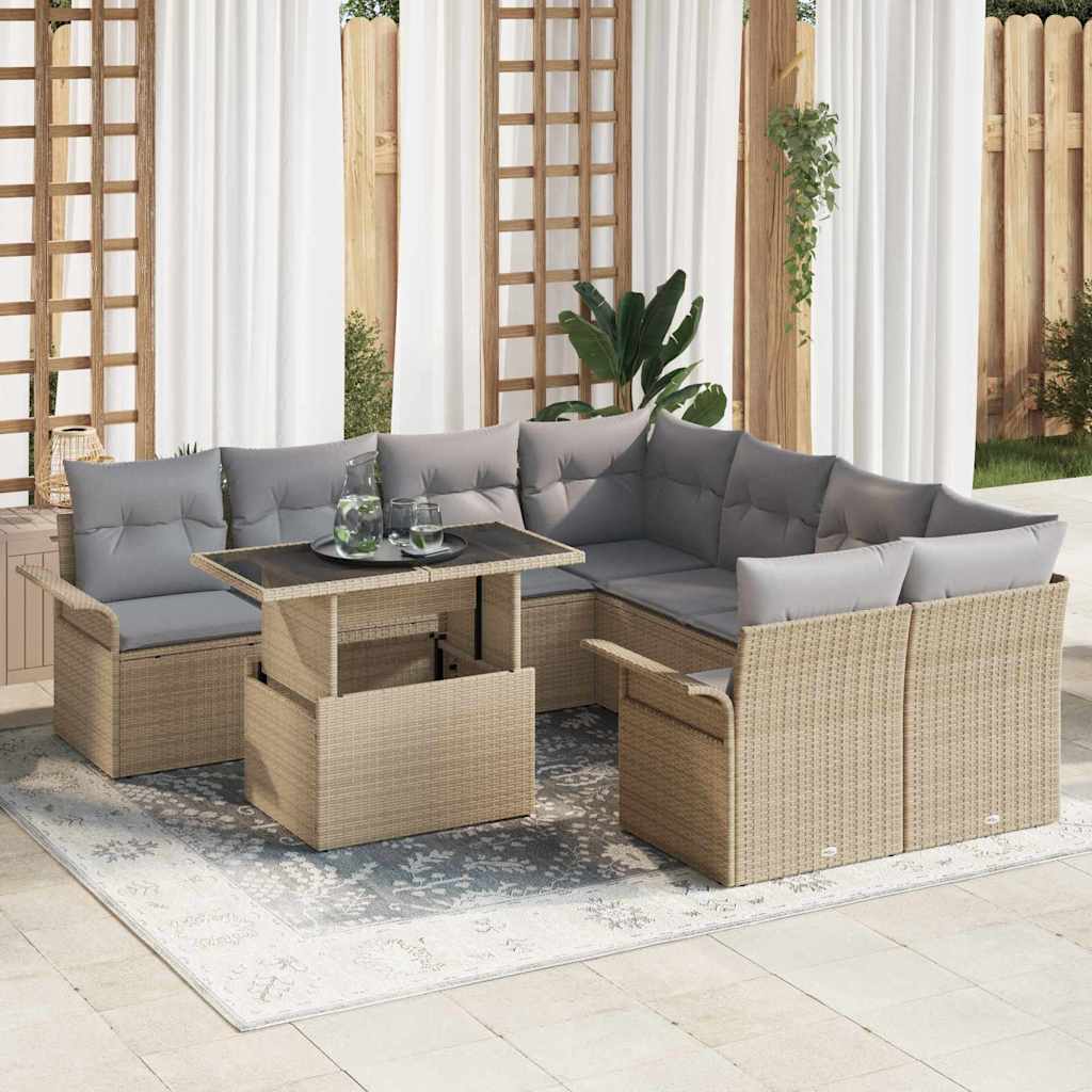 Garten-Sofa-Set mit Kissen 9 pcs Schwarz Poly Rattan