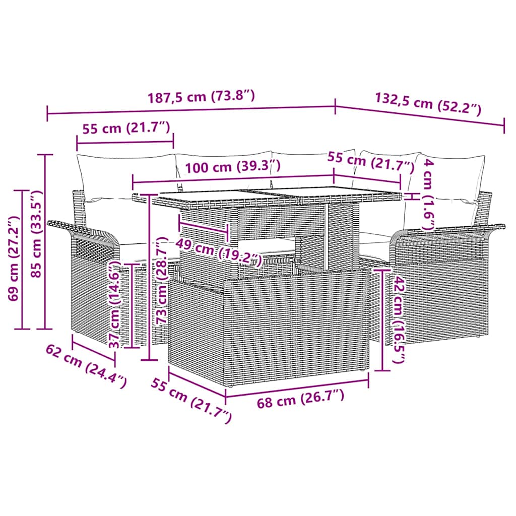 Garten-Sofa-Set mit Kissen 5 pcs Schwarz Poly Rattan