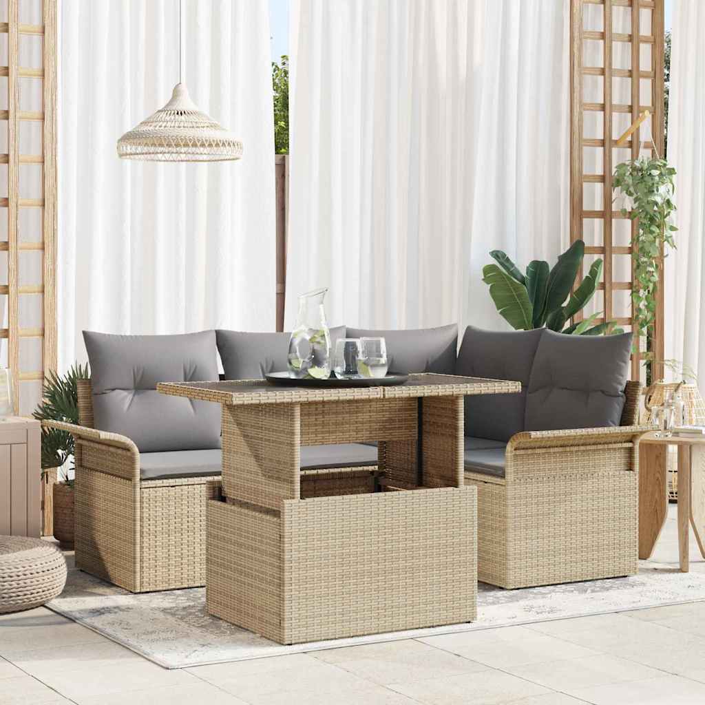 Garten-Sofa-Set mit Kissen 5 pcs Schwarz Poly Rattan