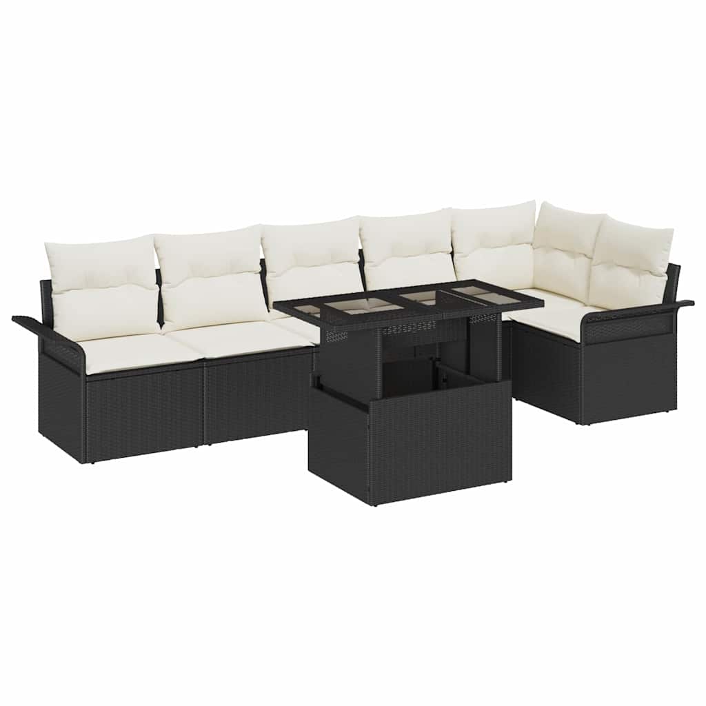 Gartensofa-set mit Kissen 7 pcs Schwarz Poly-Rattan