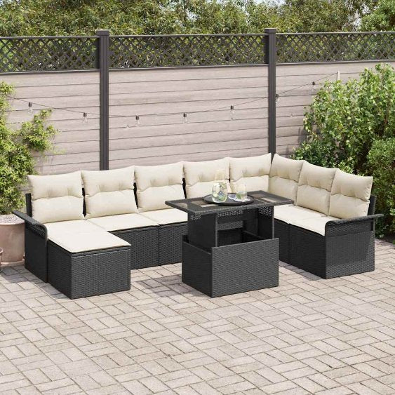 Sofa Set mit Kissen 9 pcs Schwarz Poly-Rattan