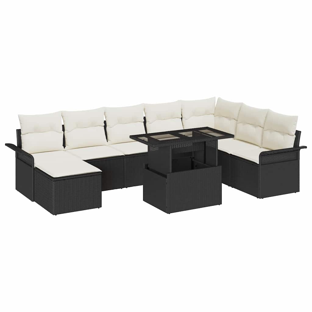 Sofa Set mit Kissen 9 pcs Schwarz Poly-Rattan