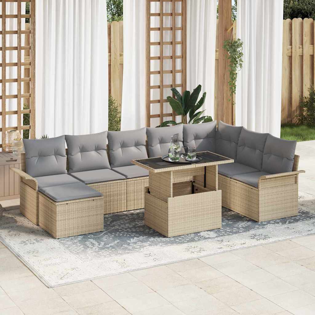 Sofa Set mit Kissen 9 pcs Schwarz Poly-Rattan