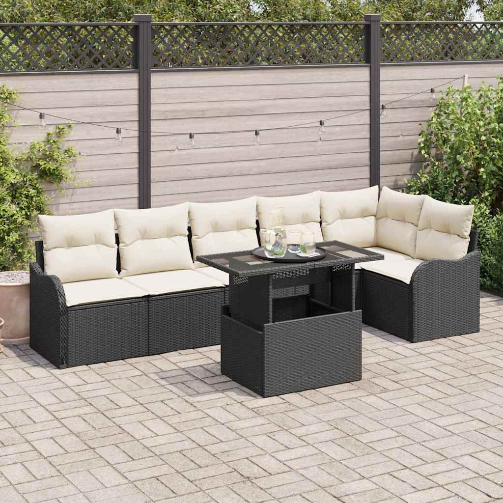 Sofa Set mit Kissen 7 pcs Schwarz Poly Rattan