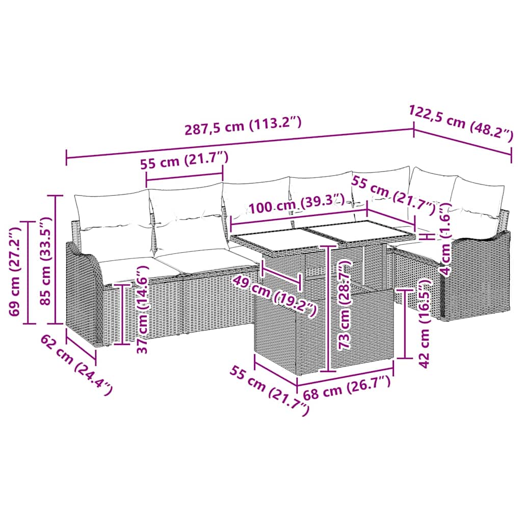 Sofa Set mit Kissen 7 pcs Schwarz Poly Rattan