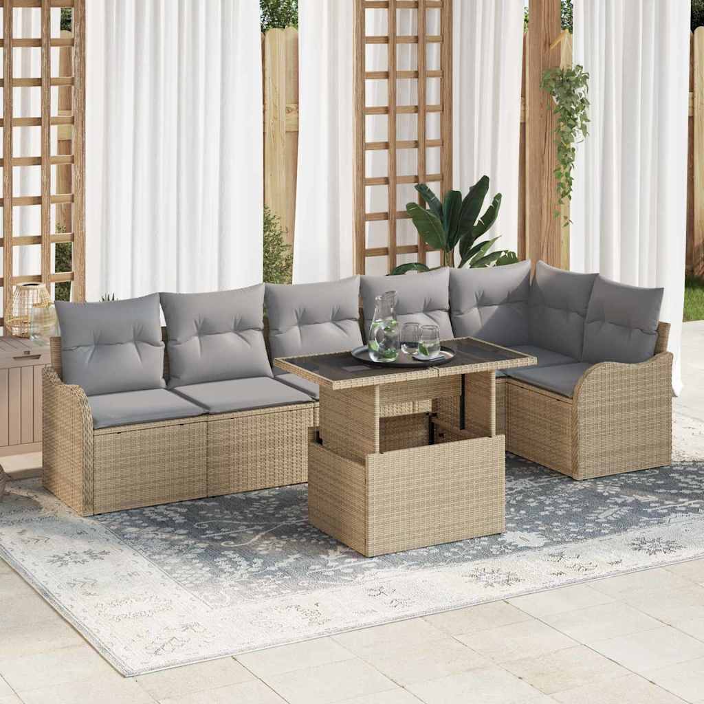Sofa Set mit Kissen 7 pcs Schwarz Poly Rattan