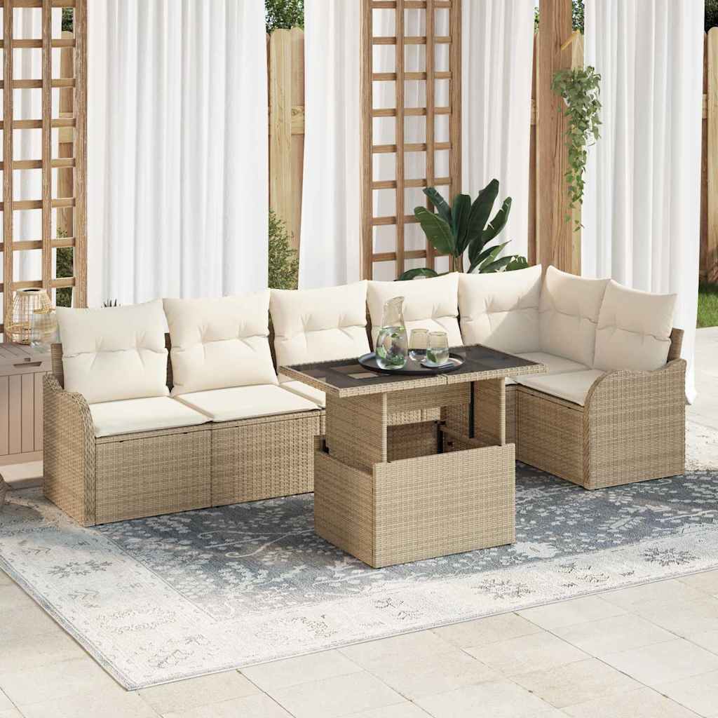 Sofa Set mit Kissen 7 pcs Schwarz Poly Rattan
