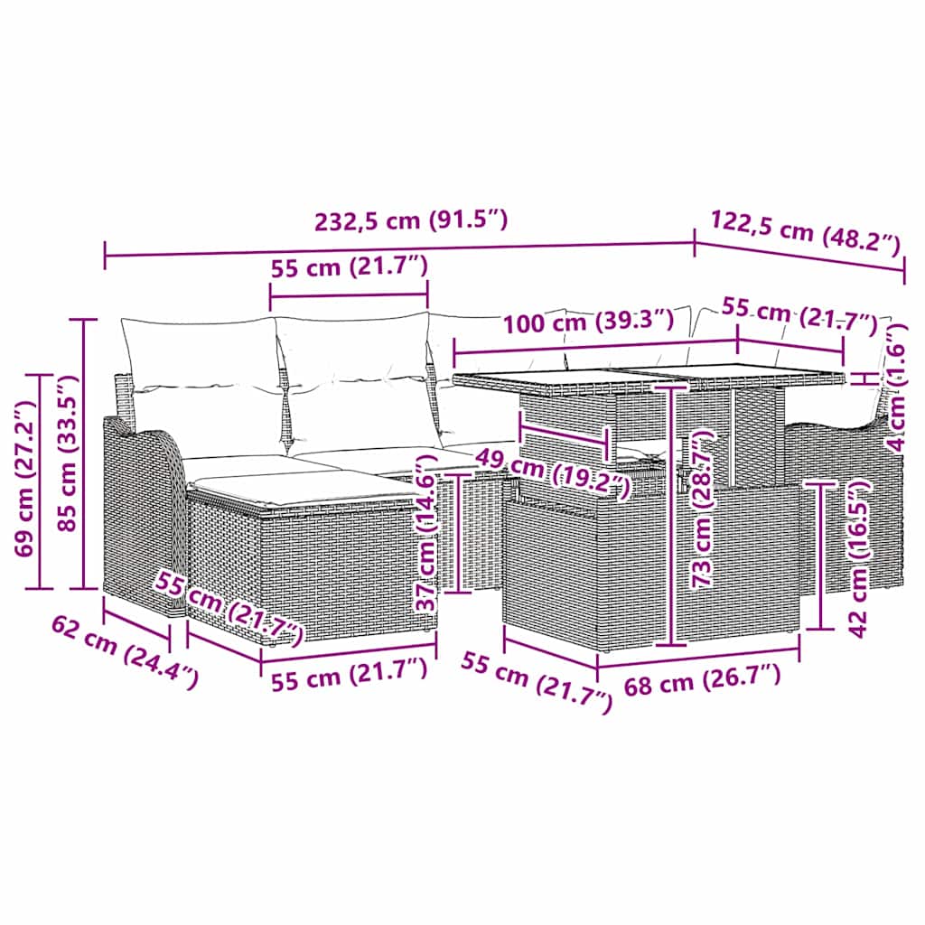 Garten-Sofa-Set mit Kissen 7 pcs Schwarz Poly Rattan