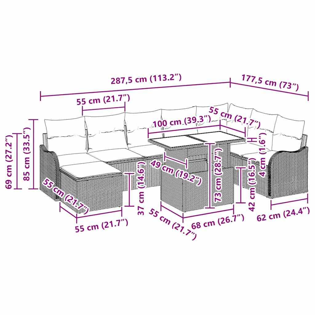 Garten-Sofa-Set mit Kissen 9 pcs Schwarz Poly Rattan