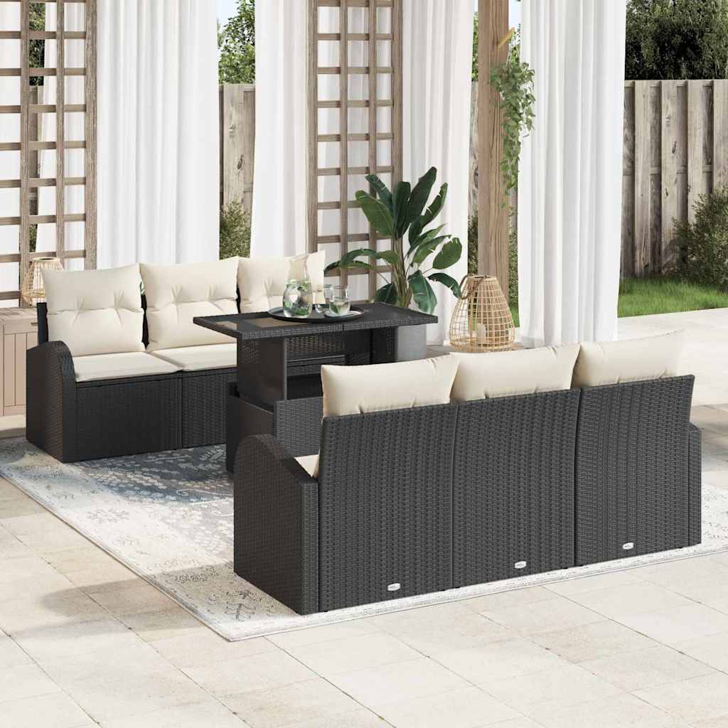 Gartensofa-set mit Kissen 7 pcs Schwarz Poly Rattan