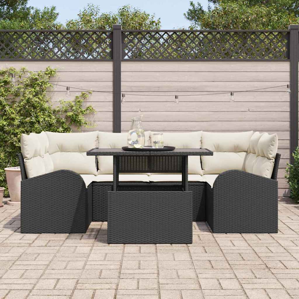 Gartensofa-set mit Kissen 7 pcs Schwarz Poly Rattan