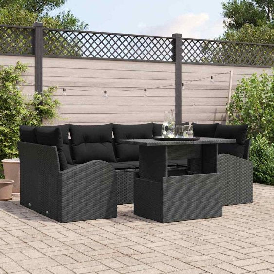 Gartensofa-set mit Kissen 7 pcs Schwarz Poly Rattan