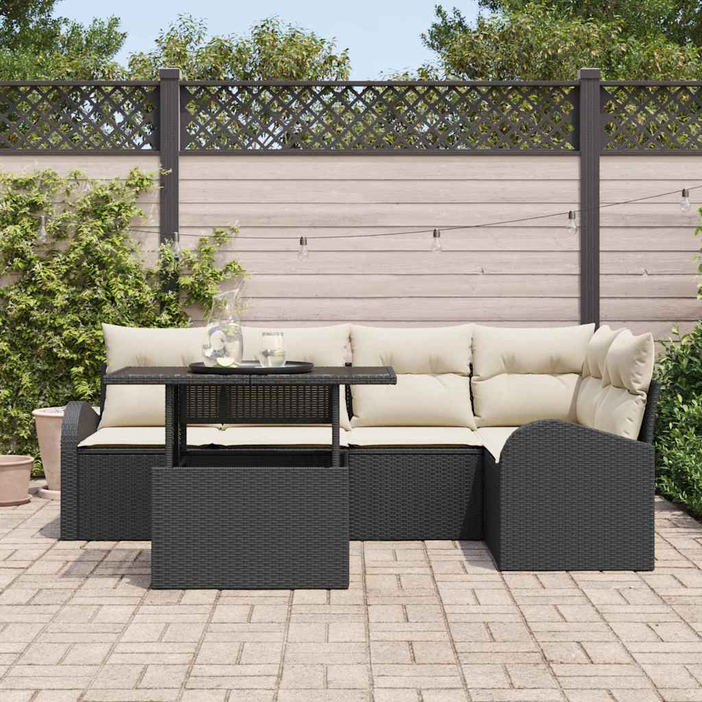 Gartensofa-set mit Speicher 6 pcs Schwarz und Creme Poly-Rattan