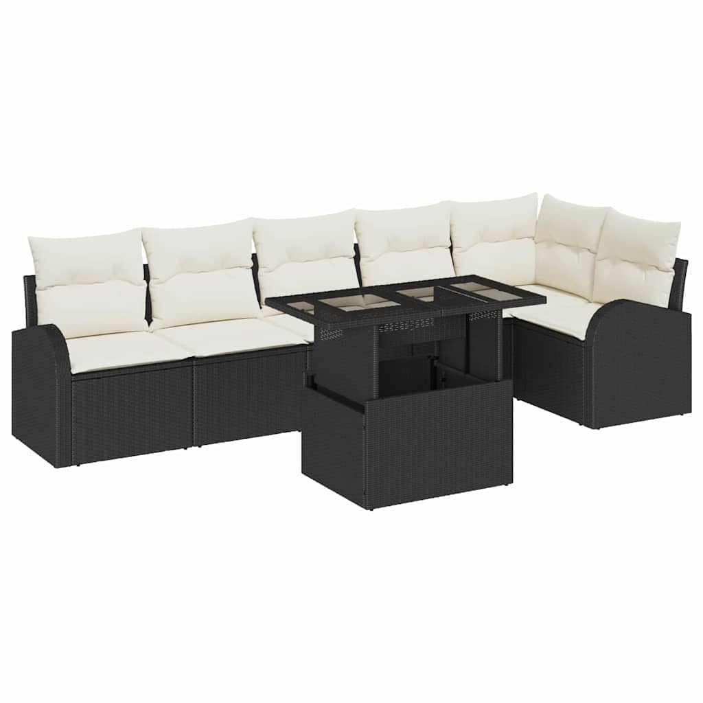 Garten-Sofa-Set mit Kissen 7 pcs Schwarz und Creme Poly-Rattan