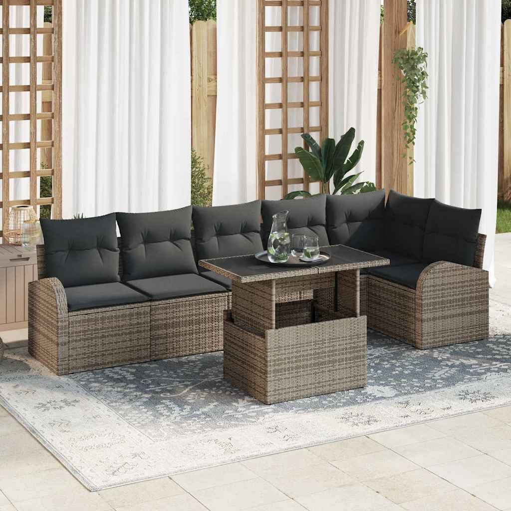 Garten-Sofa-Set mit Kissen 7 pcs Schwarz und Creme Poly-Rattan