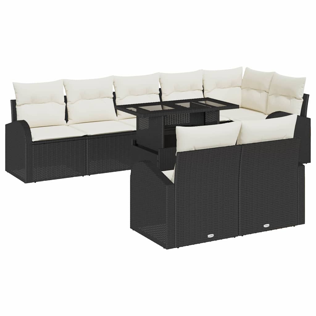 Sofa Set mit Kissen 9 pcs Schwarz und Creme Poly-Rattan