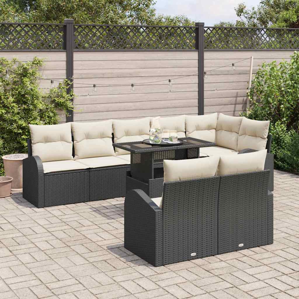 Sofa Set mit Kissen 9 pcs Schwarz und Creme Poly-Rattan