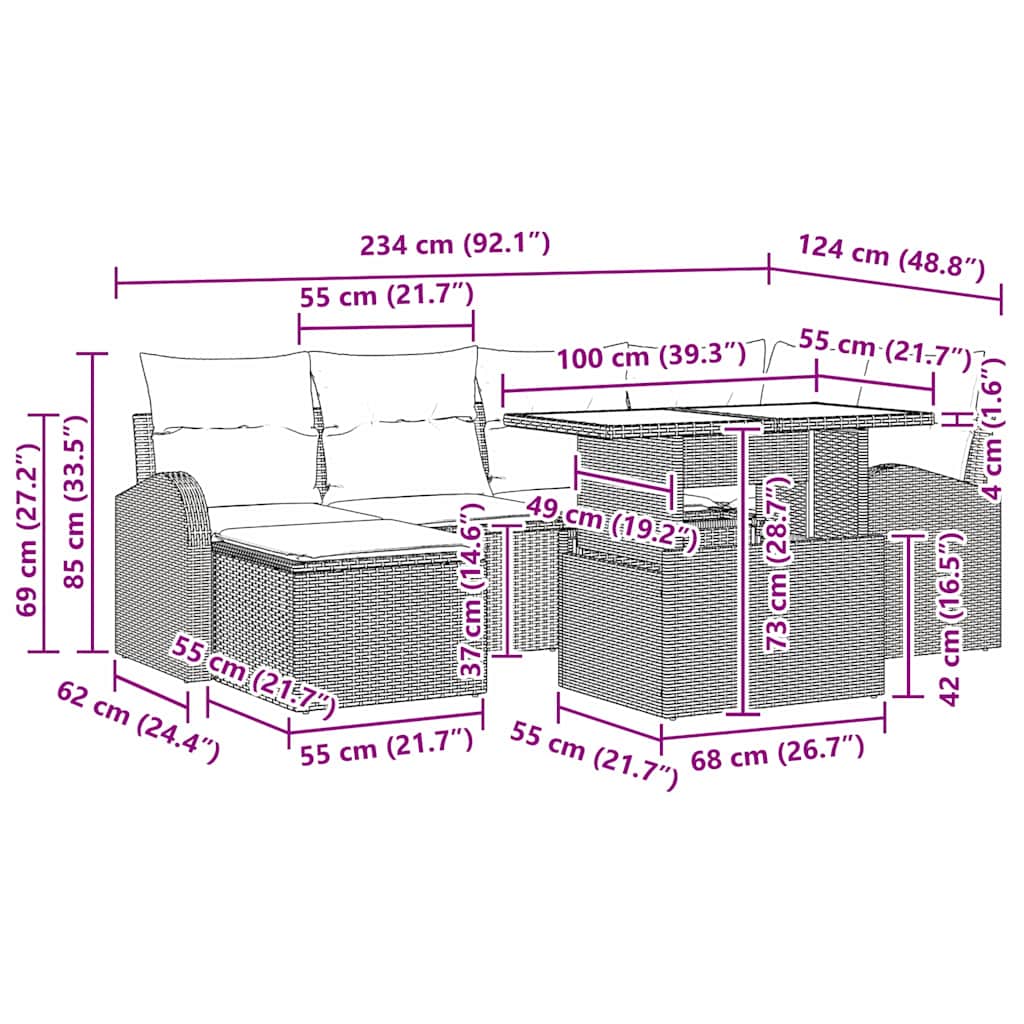 Garten-Sofa-Set mit Kissen 7 pcs Schwarz und Creme