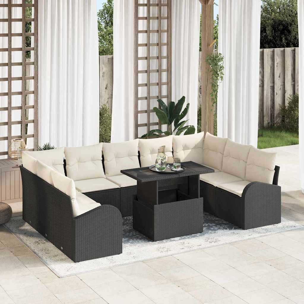 Sofa Set mit Kissen 10 pcs Schwarz und Creme Poly-Rattan