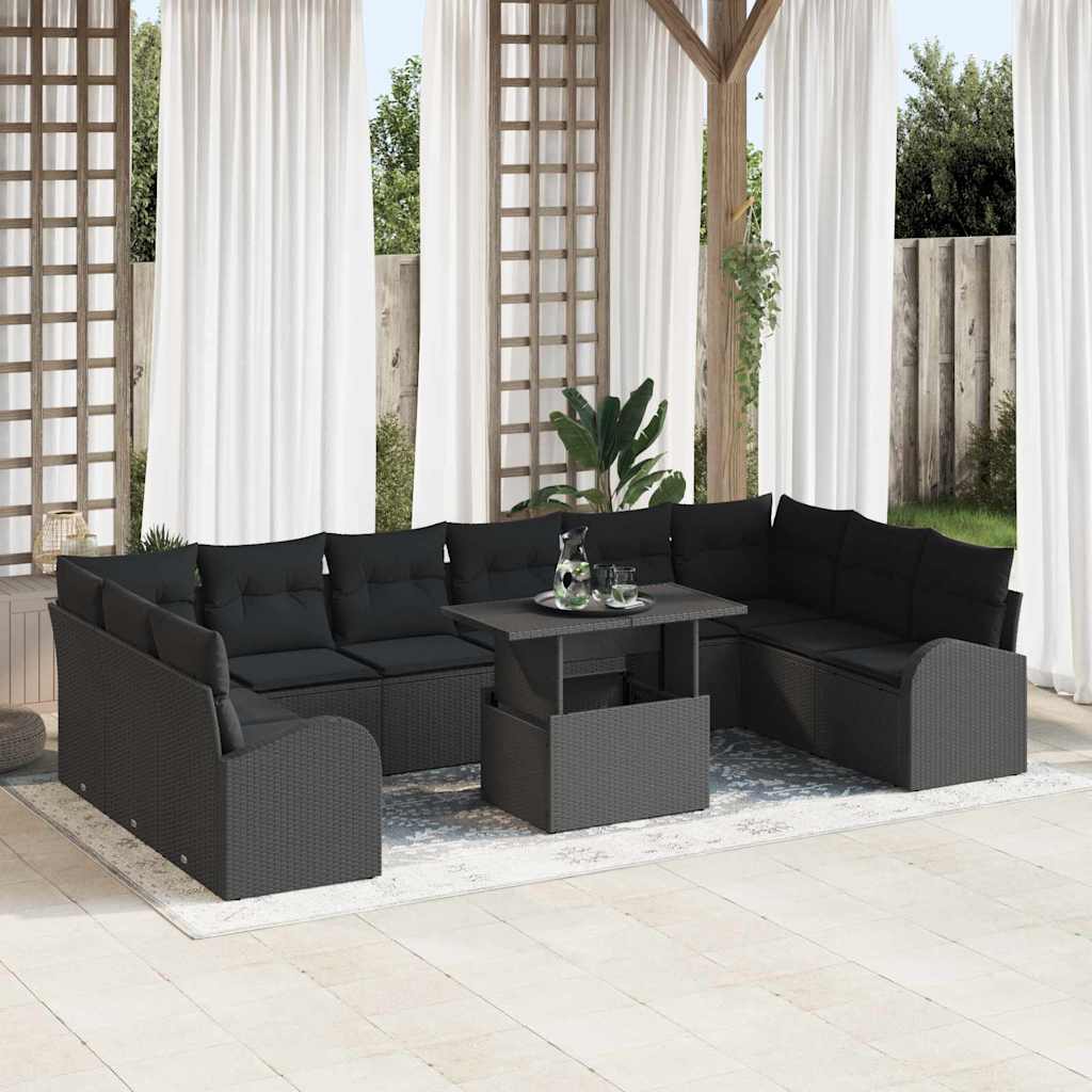 Garten-Sofa-Set mit Kissen 11 pcs Schwarz und Creme Poly-Rattan