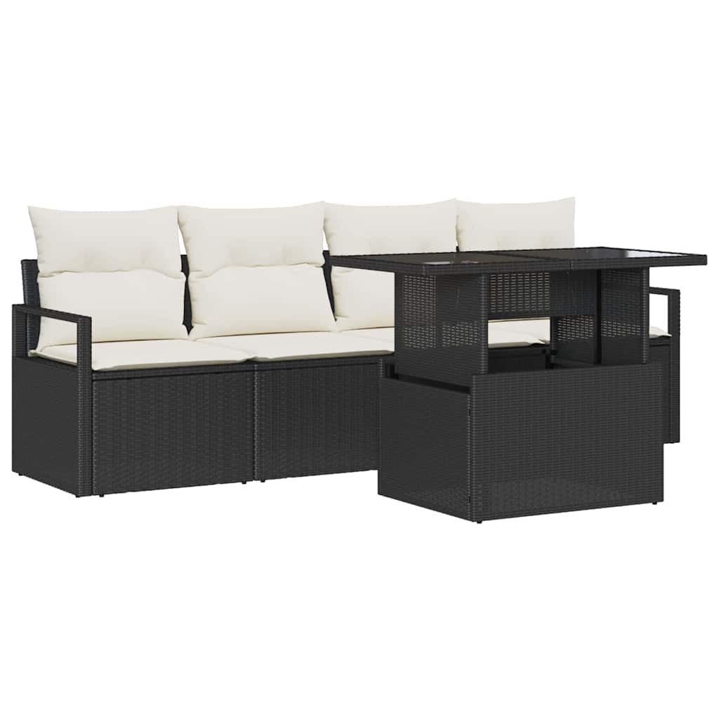 Sofa Set mit Kissen 5 pcs Schwarz und Creme Poly-Rattan