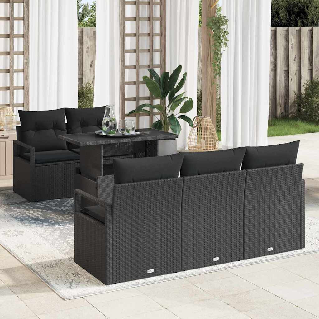 Sofa Set mit Kissen 6 pcs Schwarz Poly-Rattan