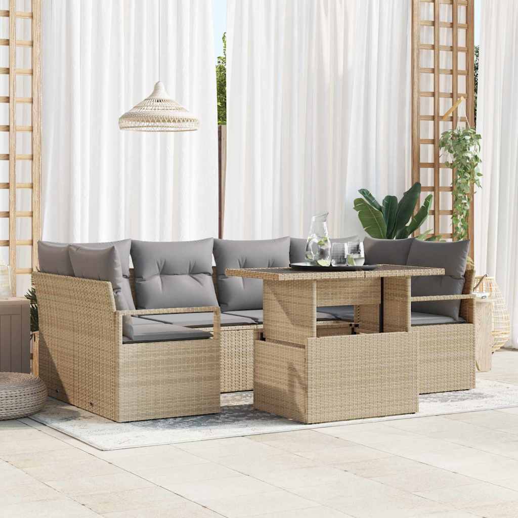 Sofa Set mit Kissen 7 pcs Schwarz Poly-Rattan