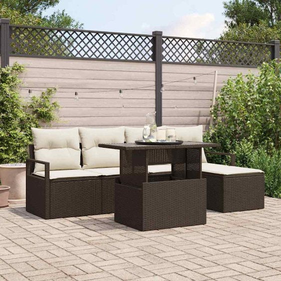 Gartensofa-set mit Speicher 6 pcs Schwarz und Creme Poly-Rattan