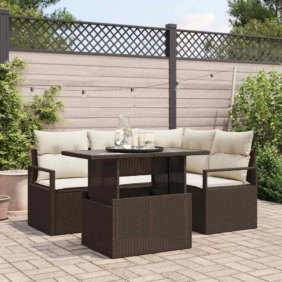 Garten-Sofa-Set mit Kissen 5 pcs Schwarz und Creme Poly-Rattan