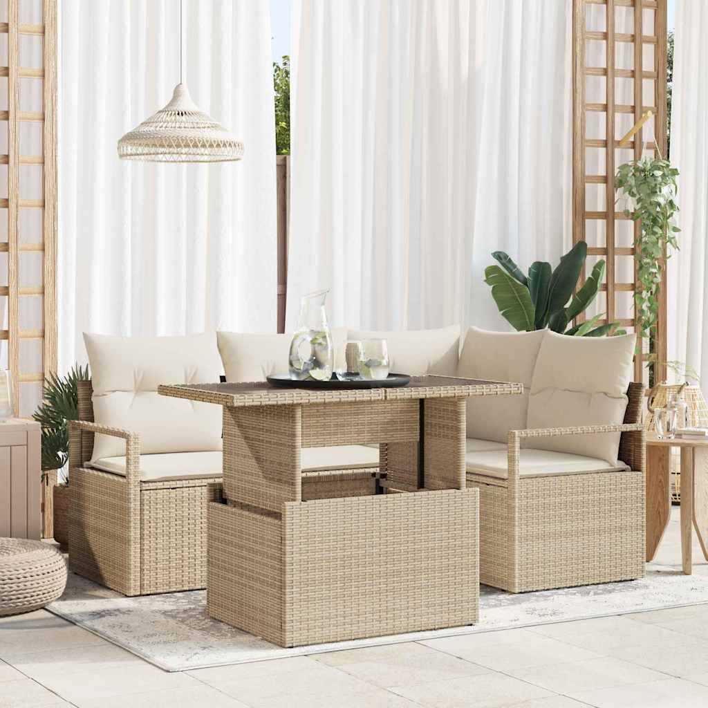 Garten-Sofa-Set mit Kissen 5 pcs Schwarz und Creme Poly-Rattan