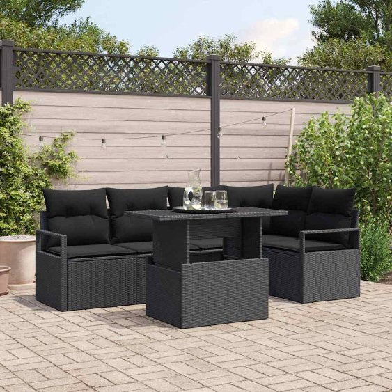 Gartensofa-set mit Speicher 6 pcs Schwarz und Creme Poly-Rattan