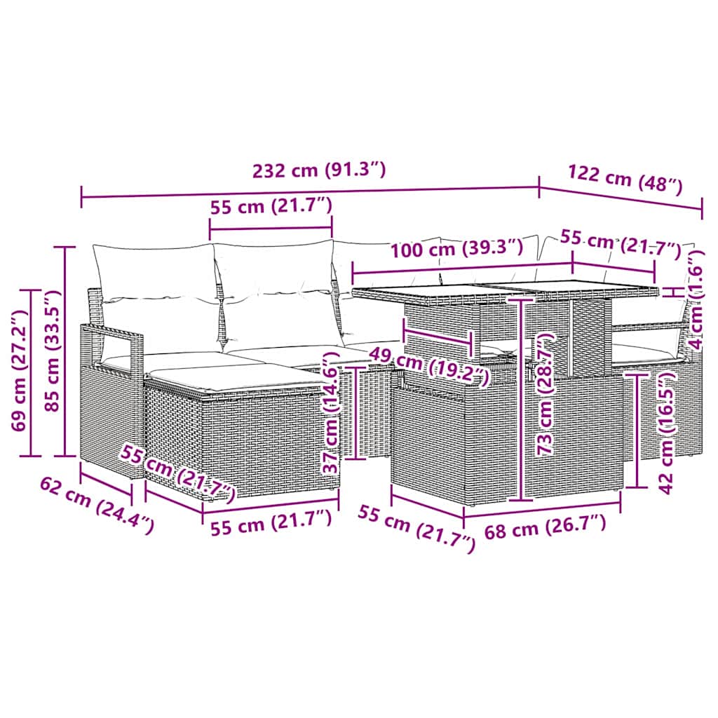 Garten-Sofa-Set mit Kissen 7 pcs Schwarz und Creme