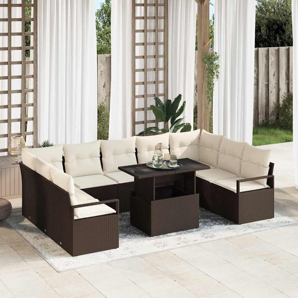 Garten-Sofa-Set mit Kissen 10 pcs Schwarz und Creme Poly-Rattan