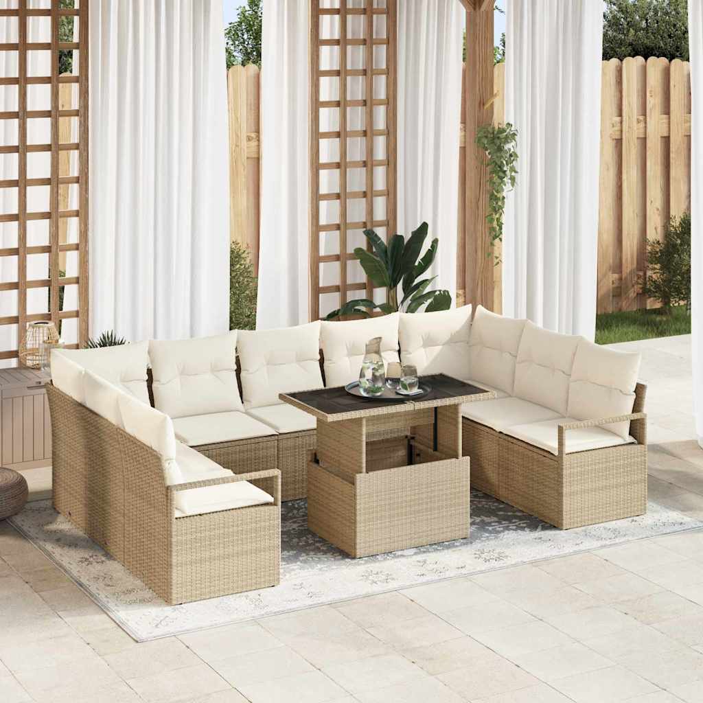 Garten-Sofa-Set mit Kissen 10 pcs Schwarz und Creme Poly-Rattan