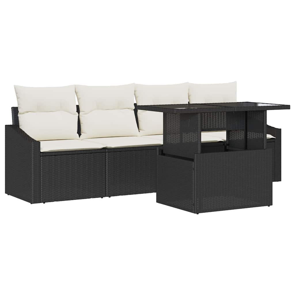 Garten-Sofa-Set mit Kissen 5 pcs Schwarz und Creme Poly-Rattan