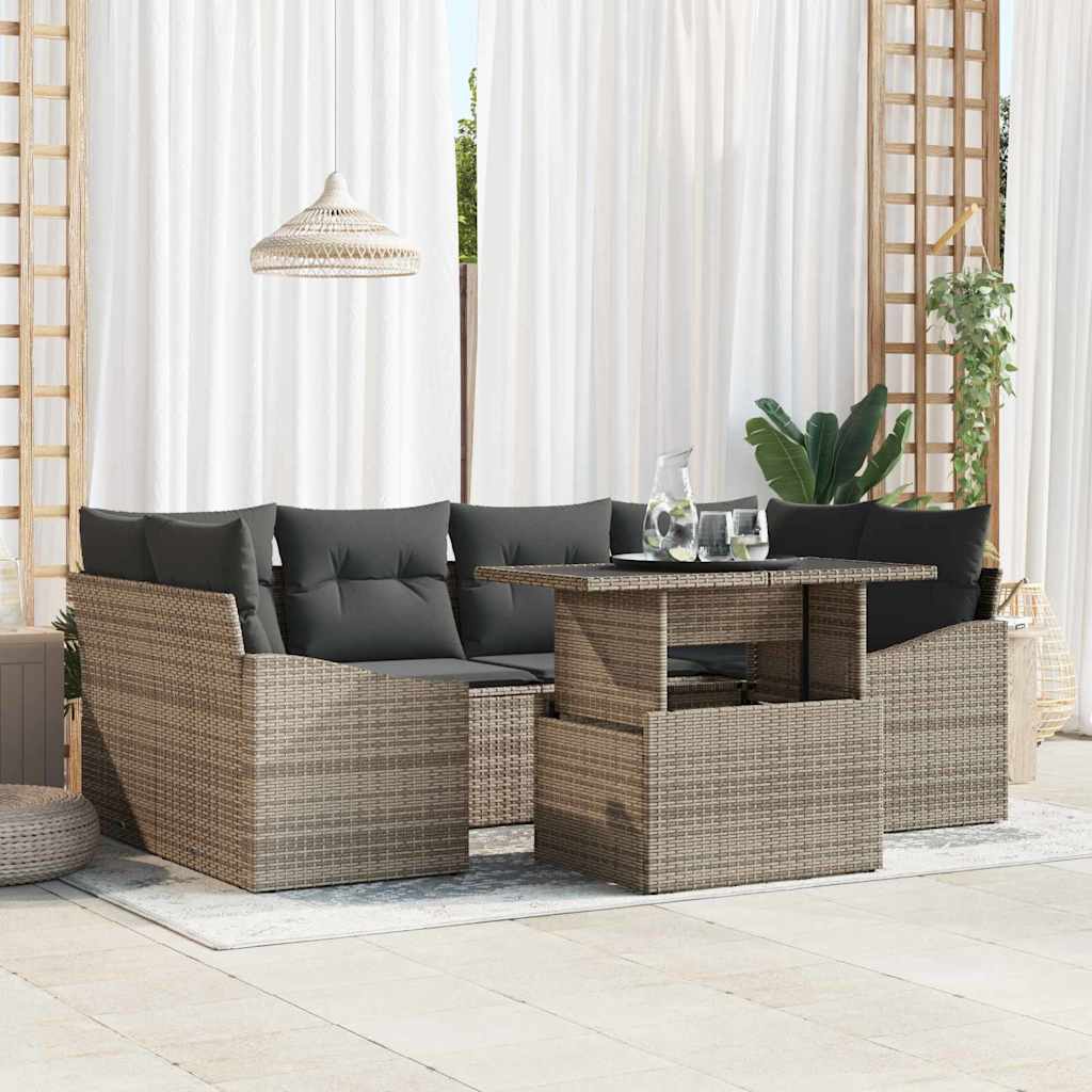 Garten-Sofa-Set mit Kissen 7 pcs Schwarz und Creme Poly-Rattan