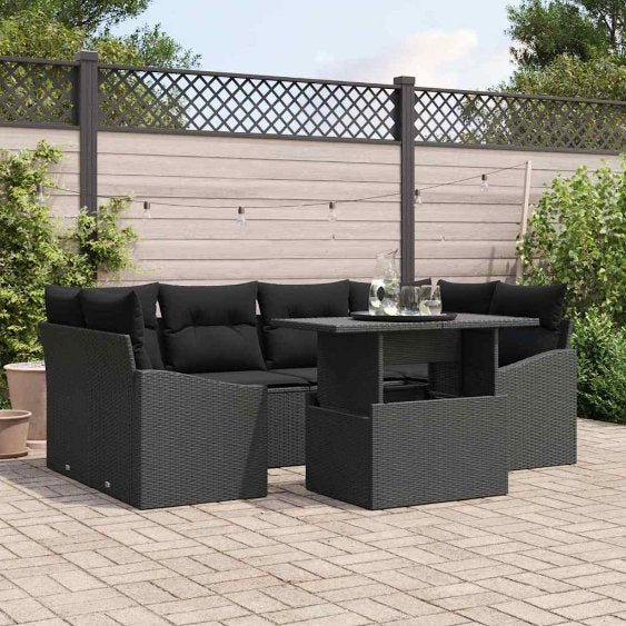 Garten-Sofa-Set mit Kissen 7 pcs Schwarz und Creme Poly-Rattan