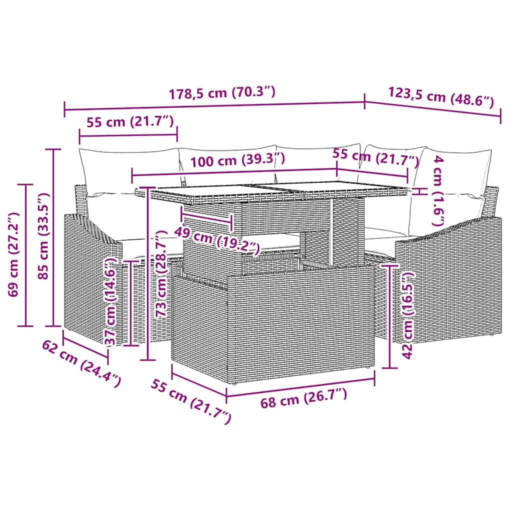 Gartensofa-set mit Kissen 5 pcs Schwarz und Creme Poly-Rattan
