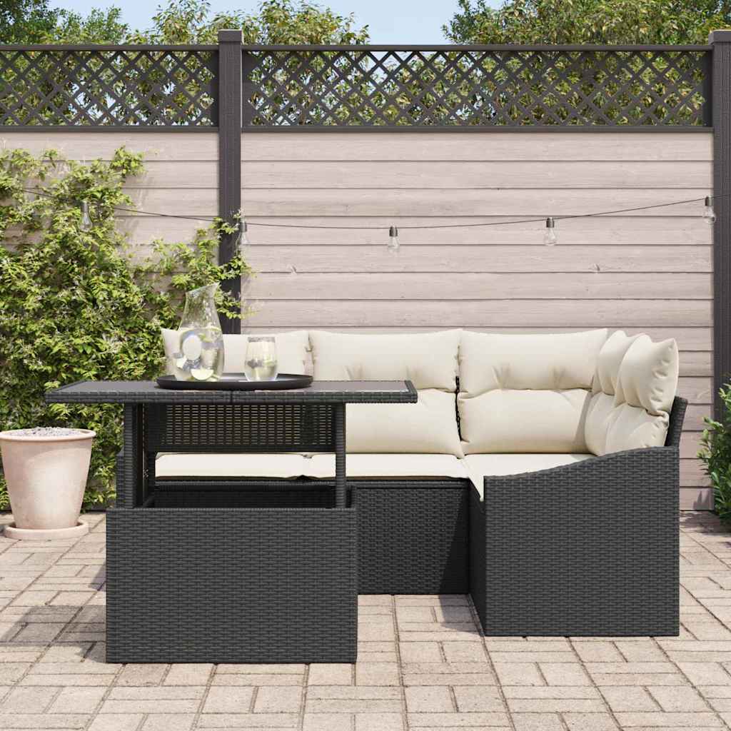 Gartensofa-set mit Kissen 5 pcs Schwarz und Creme Poly-Rattan