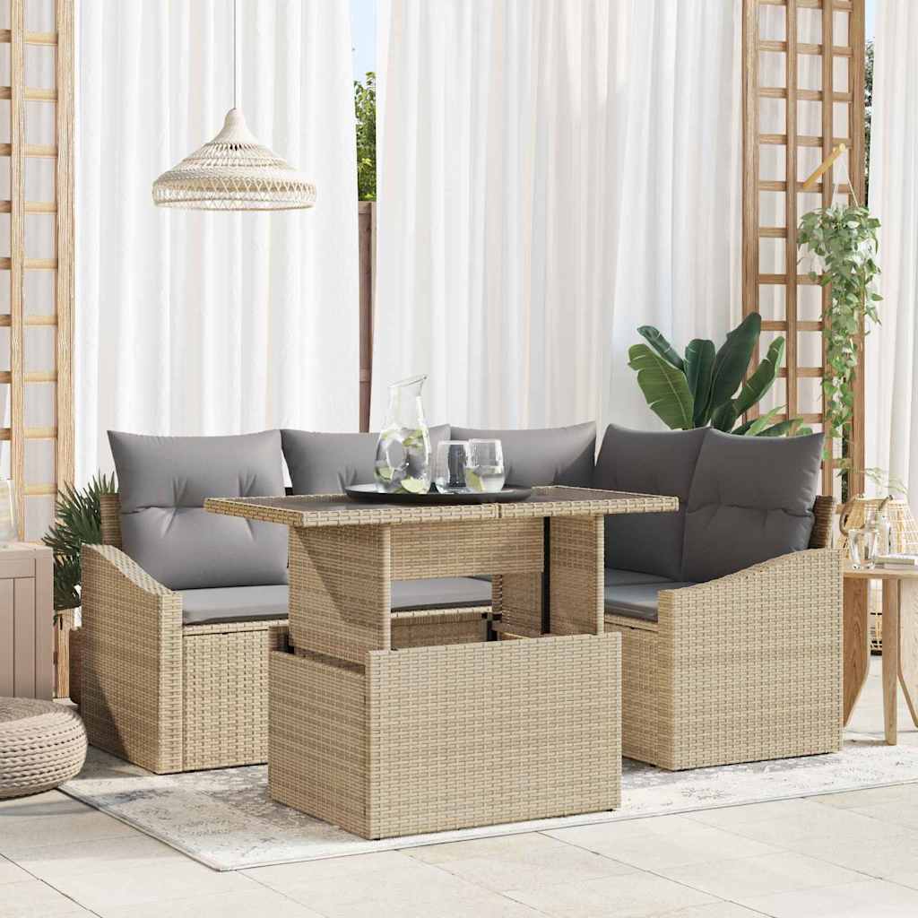 Gartensofa-set mit Kissen 5 pcs Schwarz und Creme Poly-Rattan