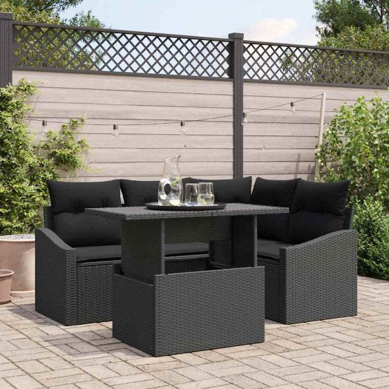Gartensofa-set mit Kissen 5 pcs Schwarz und Creme Poly-Rattan